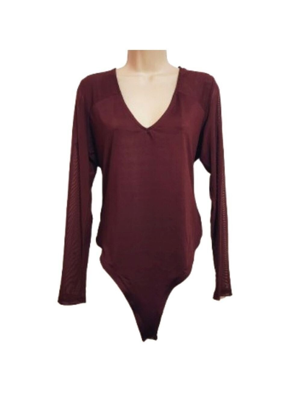 Bar III Burgundy Mesh Knit Bodysuit Long Sleeve X Large